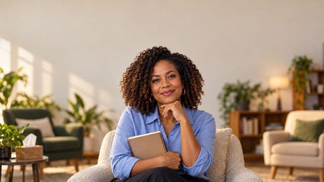 Psicóloga sorrindo, com camisa social azul, sem gravata, segurando um caderno de anotações, em um consultório de psicologia aconchegante com poltronas e plantas