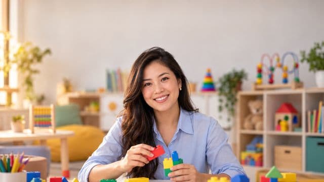 Psicopedagoga sorrindo, com camisa azul-clara, segurando blocos de montar coloridos, em uma sala de atendimento infantil colorida e organizada, com brinquedos pedagógicos
