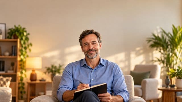 Psicólogo sorrindo, com camisa social azul, sem gravata, segurando um caderno de anotações, em um consultório de psicologia aconchegante com poltronas e plantas