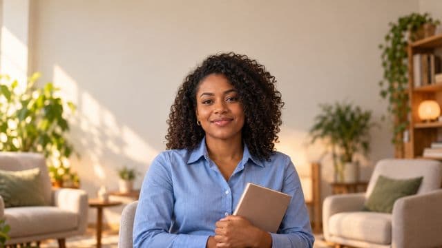 Psicóloga sorrindo, com camisa social azul, sem gravata, segurando um caderno de anotações, em um consultório de psicologia aconchegante com poltronas e plantas