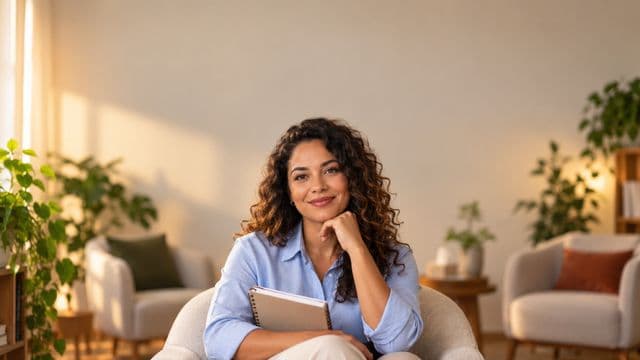 Psicóloga sorrindo, com camisa social azul, sem gravata, segurando um caderno de anotações, em um consultório de psicologia aconchegante com poltronas e plantas