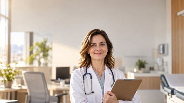 Médica sorrindo, com jaleco branco e estetoscópio, segurando uma prancheta, em um consultório médico moderno e bem iluminado