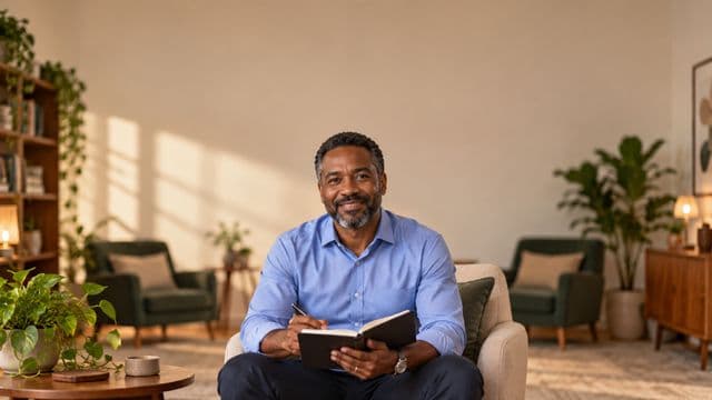 Psicólogo sorrindo, com camisa social azul, sem gravata, segurando um caderno de anotações, em um consultório de psicologia aconchegante com poltronas e plantas