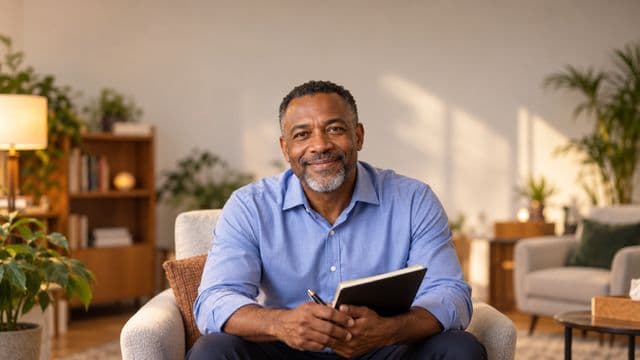 Psicólogo sorrindo, com camisa social azul, sem gravata, segurando um caderno de anotações, em um consultório de psicologia aconchegante com poltronas e plantas