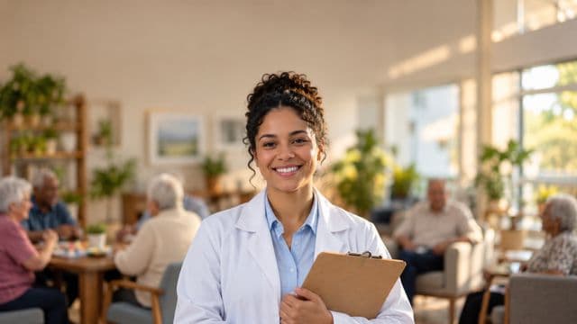 Profissional de gerontologia sorrindo, com jaleco branco sobre camisa azul-clara, segurando uma prancheta, em um centro de convivência para idosos, claro e acolhedor