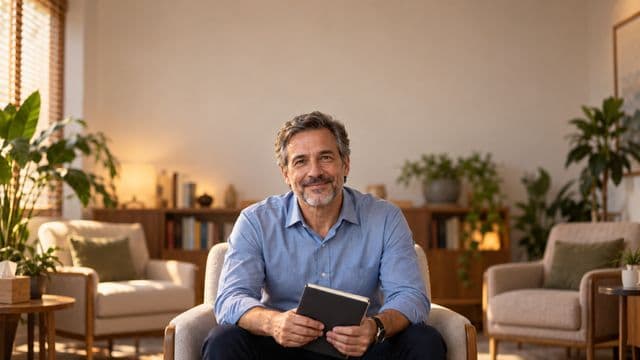 Psicólogo sorrindo, com camisa social azul, sem gravata, segurando um caderno de anotações, em um consultório de psicologia aconchegante com poltronas e plantas