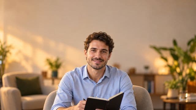Psicólogo sorrindo, com camisa social azul, sem gravata, segurando um caderno de anotações, em um consultório de psicologia aconchegante com poltronas e plantas