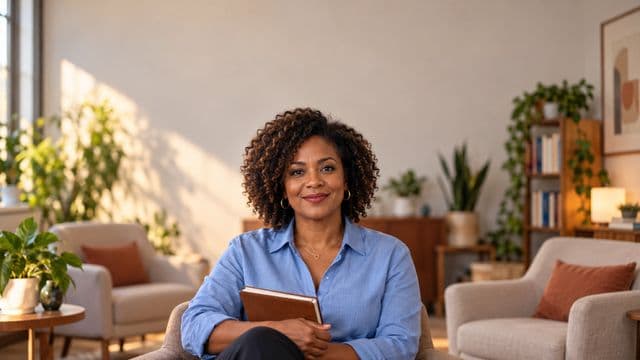 Psicóloga sorrindo, com camisa social azul, sem gravata, segurando um caderno de anotações, em um consultório de psicologia aconchegante com poltronas e plantas