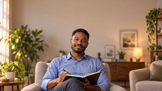 Psicólogo sorrindo, com camisa social azul, sem gravata, segurando um caderno de anotações, em um consultório de psicologia aconchegante com poltronas e plantas
