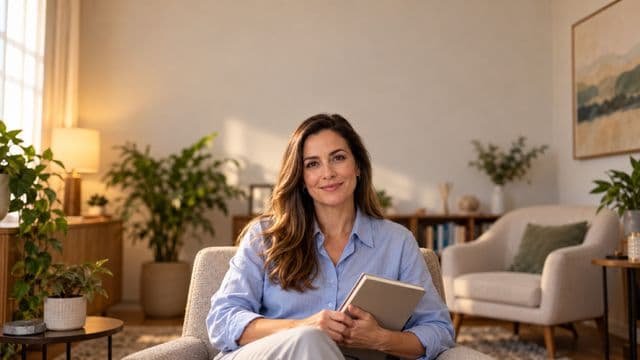 Psicóloga sorrindo, com camisa social azul, sem gravata, segurando um caderno de anotações, em um consultório de psicologia aconchegante com poltronas e plantas