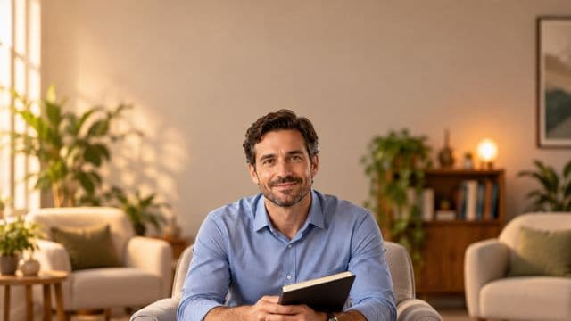Psicólogo sorrindo, com camisa social azul, sem gravata, segurando um caderno de anotações, em um consultório de psicologia aconchegante com poltronas e plantas