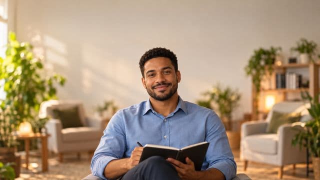 Psicólogo sorrindo, com camisa social azul, sem gravata, segurando um caderno de anotações, em um consultório de psicologia aconchegante com poltronas e plantas