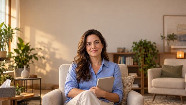 Psicóloga sorrindo, com camisa social azul, sem gravata, segurando um caderno de anotações, em um consultório de psicologia aconchegante com poltronas e plantas
