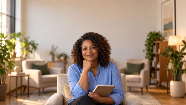 Psicóloga sorrindo, com camisa social azul, sem gravata, segurando um caderno de anotações, em um consultório de psicologia aconchegante com poltronas e plantas