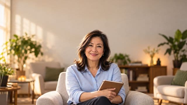 Psicóloga sorrindo, com camisa social azul, sem gravata, segurando um caderno de anotações, em um consultório de psicologia aconchegante com poltronas e plantas