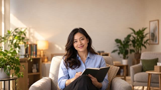 Psicóloga sorrindo, com camisa social azul, sem gravata, segurando um caderno de anotações, em um consultório de psicologia aconchegante com poltronas e plantas
