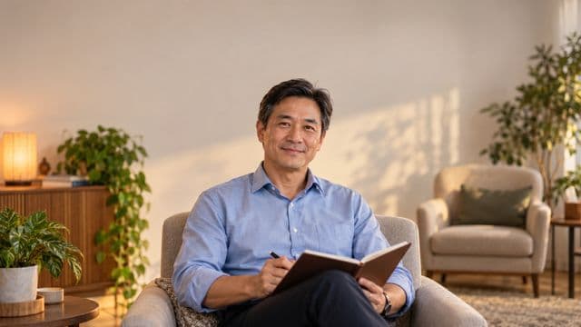 Psicólogo sorrindo, com camisa social azul, sem gravata, segurando um caderno de anotações, em um consultório de psicologia aconchegante com poltronas e plantas