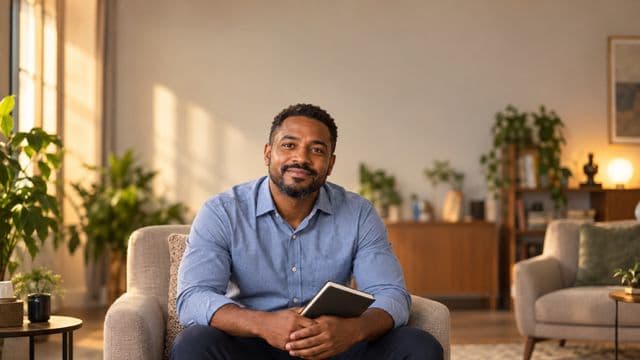 Psicólogo sorrindo, com camisa social azul, sem gravata, segurando um caderno de anotações, em um consultório de psicologia aconchegante com poltronas e plantas