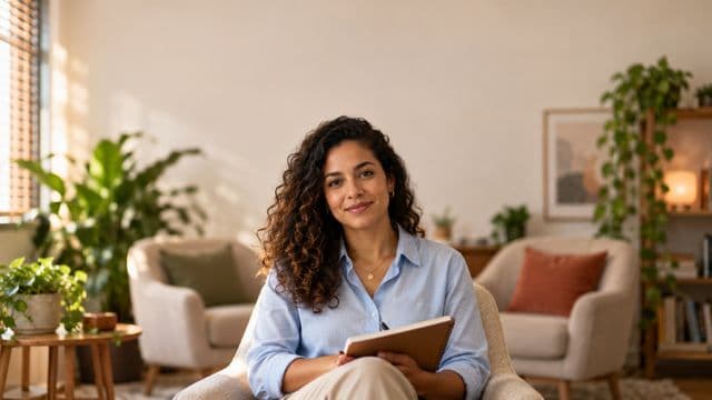 Psicóloga sorrindo, com camisa social azul, sem gravata, segurando um caderno de anotações, em um consultório de psicologia aconchegante com poltronas e plantas