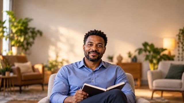 Psicólogo sorrindo, com camisa social azul, sem gravata, segurando um caderno de anotações, em um consultório de psicologia aconchegante com poltronas e plantas