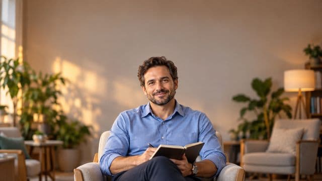 Psicólogo sorrindo, com camisa social azul, sem gravata, segurando um caderno de anotações, em um consultório de psicologia aconchegante com poltronas e plantas
