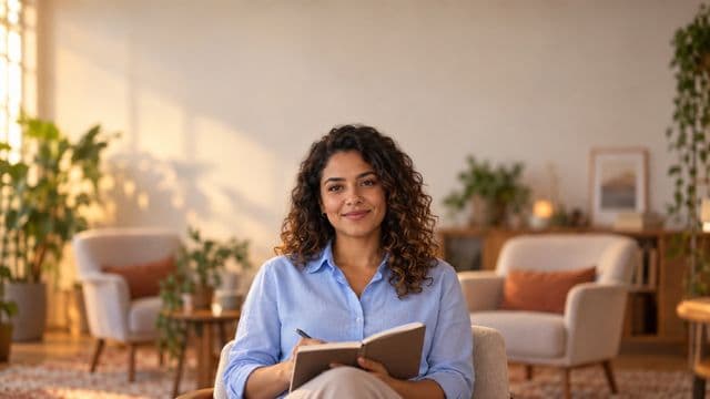 Psicóloga sorrindo, com camisa social azul, sem gravata, segurando um caderno de anotações, em um consultório de psicologia aconchegante com poltronas e plantas
