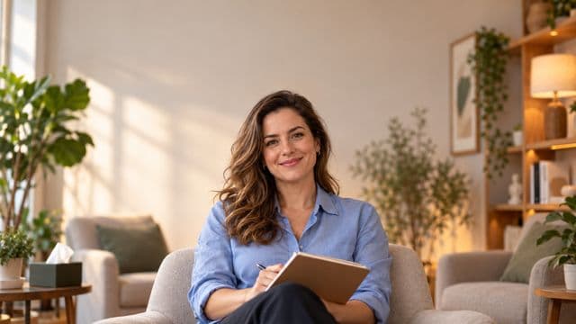 Psicóloga sorrindo, com camisa social azul, sem gravata, segurando um caderno de anotações, em um consultório de psicologia aconchegante com poltronas e plantas