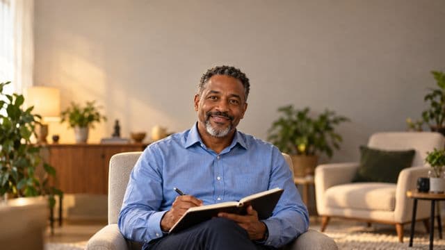 Psicólogo sorrindo, com camisa social azul, sem gravata, segurando um caderno de anotações, em um consultório de psicologia aconchegante com poltronas e plantas