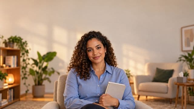Psicóloga sorrindo, com camisa social azul, sem gravata, segurando um caderno de anotações, em um consultório de psicologia aconchegante com poltronas e plantas