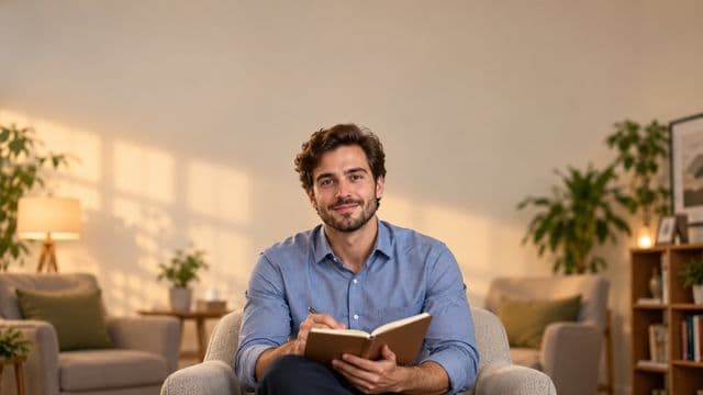 Psicólogo sorrindo, com camisa social azul, sem gravata, segurando um caderno de anotações, em um consultório de psicologia aconchegante com poltronas e plantas