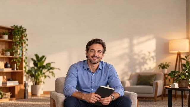 Psicólogo sorrindo, com camisa social azul, sem gravata, segurando um caderno de anotações, em um consultório de psicologia aconchegante com poltronas e plantas