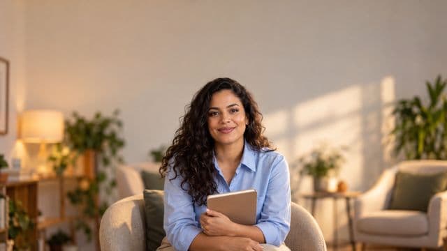 Psicóloga sorrindo, com camisa social azul, sem gravata, segurando um caderno de anotações, em um consultório de psicologia aconchegante com poltronas e plantas