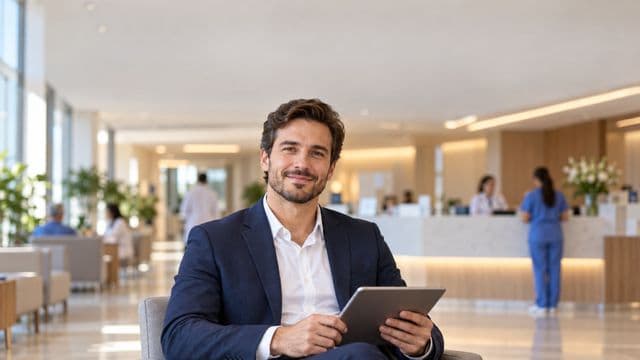 Gestor hospitalar sorrindo, com blazer azul-marinho sobre camisa branca, segurando um tablet, em a recepção de um hospital moderno