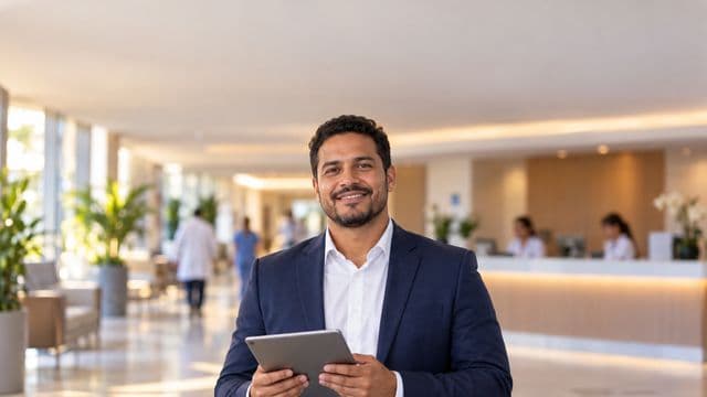 Gestor hospitalar sorrindo, com blazer azul-marinho sobre camisa branca, segurando um tablet, em a recepção de um hospital moderno