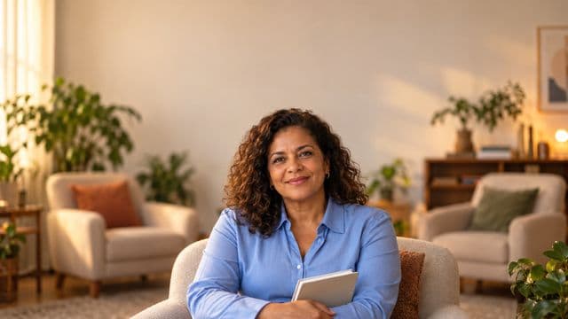 Psicóloga sorrindo, com camisa social azul, sem gravata, segurando um caderno de anotações, em um consultório de psicologia aconchegante com poltronas e plantas