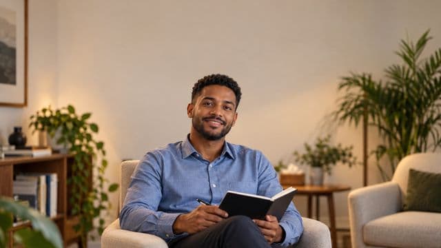 Psicólogo sorrindo, com camisa social azul, sem gravata, segurando um caderno de anotações, em um consultório de psicologia aconchegante com poltronas e plantas