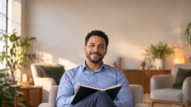 Psicólogo sorrindo, com camisa social azul, sem gravata, segurando um caderno de anotações, em um consultório de psicologia aconchegante com poltronas e plantas