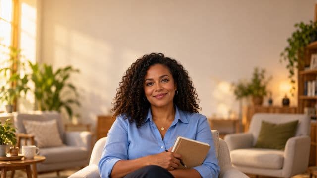 Psicóloga sorrindo, com camisa social azul, sem gravata, segurando um caderno de anotações, em um consultório de psicologia aconchegante com poltronas e plantas