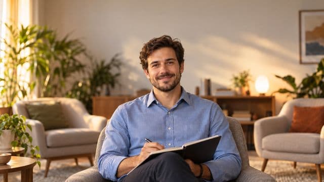 Psicólogo sorrindo, com camisa social azul, sem gravata, segurando um caderno de anotações, em um consultório de psicologia aconchegante com poltronas e plantas