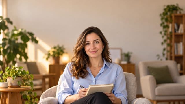 Psicóloga sorrindo, com camisa social azul, sem gravata, segurando um caderno de anotações, em um consultório de psicologia aconchegante com poltronas e plantas