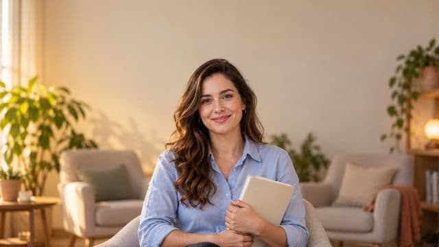 Psicóloga sorrindo, com camisa social azul, sem gravata, segurando um caderno de anotações, em um consultório de psicologia aconchegante com poltronas e plantas