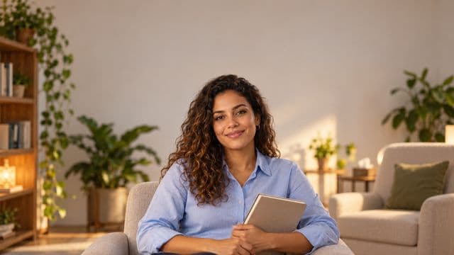 Psicóloga sorrindo, com camisa social azul, sem gravata, segurando um caderno de anotações, em um consultório de psicologia aconchegante com poltronas e plantas