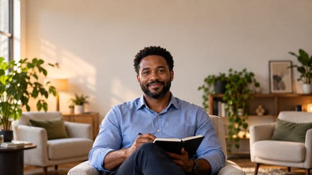 Psicólogo sorrindo, com camisa social azul, sem gravata, segurando um caderno de anotações, em um consultório de psicologia aconchegante com poltronas e plantas