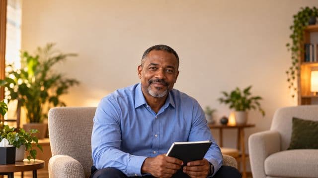 Psicólogo sorrindo, com camisa social azul, sem gravata, segurando um caderno de anotações, em um consultório de psicologia aconchegante com poltronas e plantas