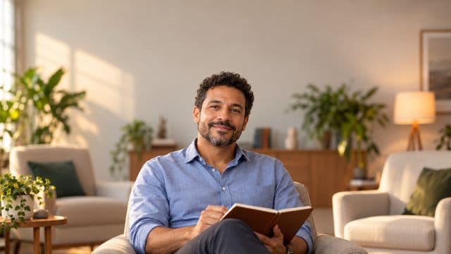 Psicólogo sorrindo, com camisa social azul, sem gravata, segurando um caderno de anotações, em um consultório de psicologia aconchegante com poltronas e plantas