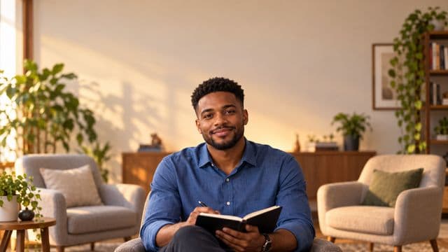 Psicólogo sorrindo, com camisa social azul, sem gravata, segurando um caderno de anotações, em um consultório de psicologia aconchegante com poltronas e plantas