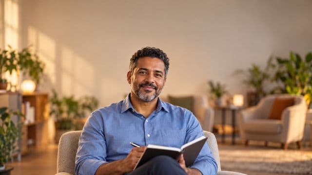 Psicólogo sorrindo, com camisa social azul, sem gravata, segurando um caderno de anotações, em um consultório de psicologia aconchegante com poltronas e plantas