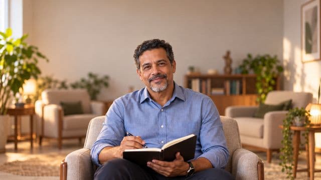 Psicólogo sorrindo, com camisa social azul, sem gravata, segurando um caderno de anotações, em um consultório de psicologia aconchegante com poltronas e plantas