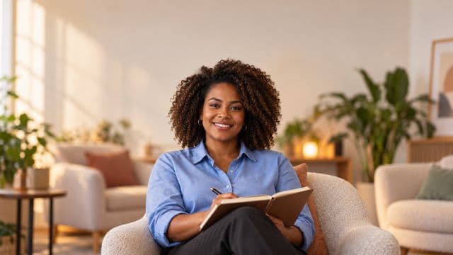 Psicóloga sorrindo, com camisa social azul, sem gravata, segurando um caderno de anotações, em um consultório de psicologia aconchegante com poltronas e plantas