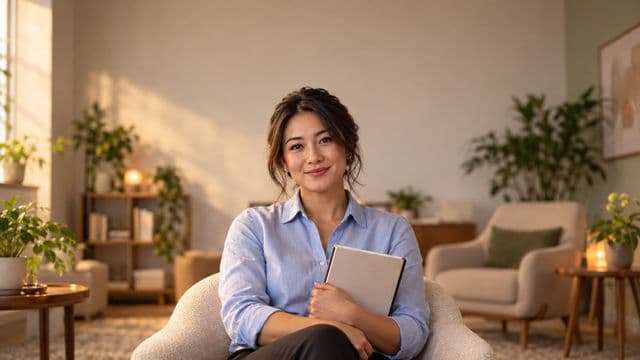 Psicóloga sorrindo, com camisa social azul, sem gravata, segurando um caderno de anotações, em um consultório de psicologia aconchegante com poltronas e plantas